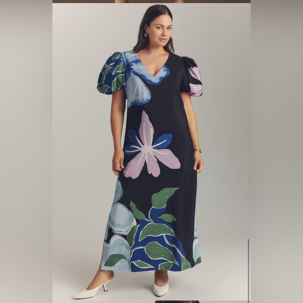 Anthropologie Puff Sleeve A Line Maxi Dress